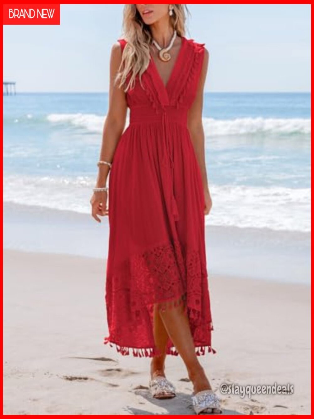 Red V-Neck Lace Hem Maxi Dress - Women - Picture 2 of 4